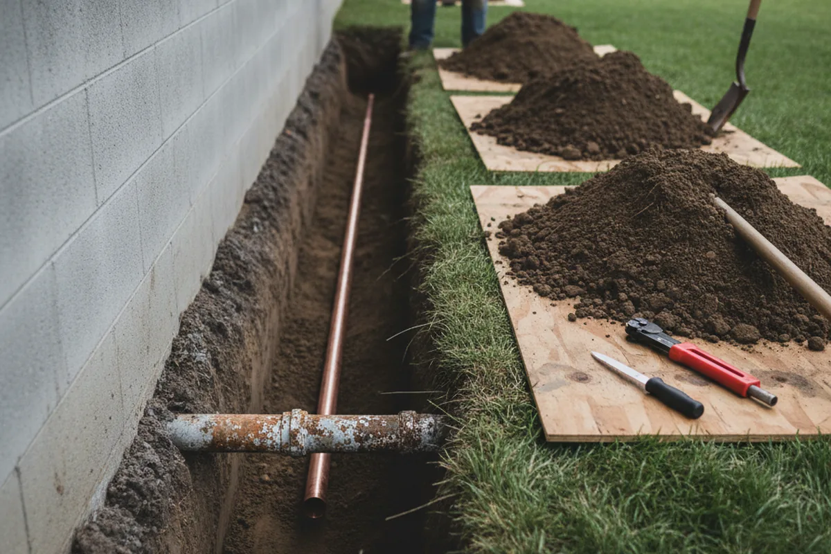 Excavated water line trench during Water Heater Repair in Millsboro